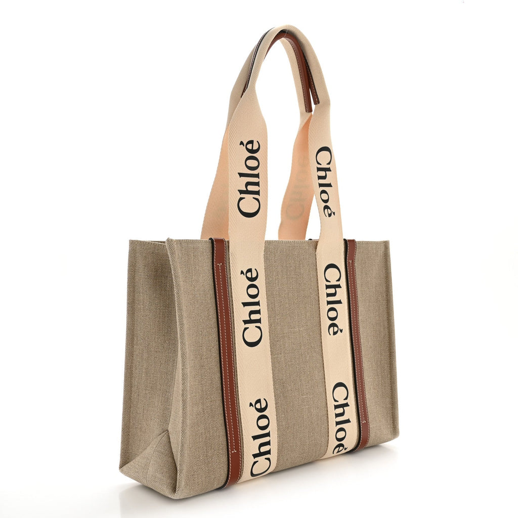 Linen Calfskin Medium Woody Ribbon Tote White Brown