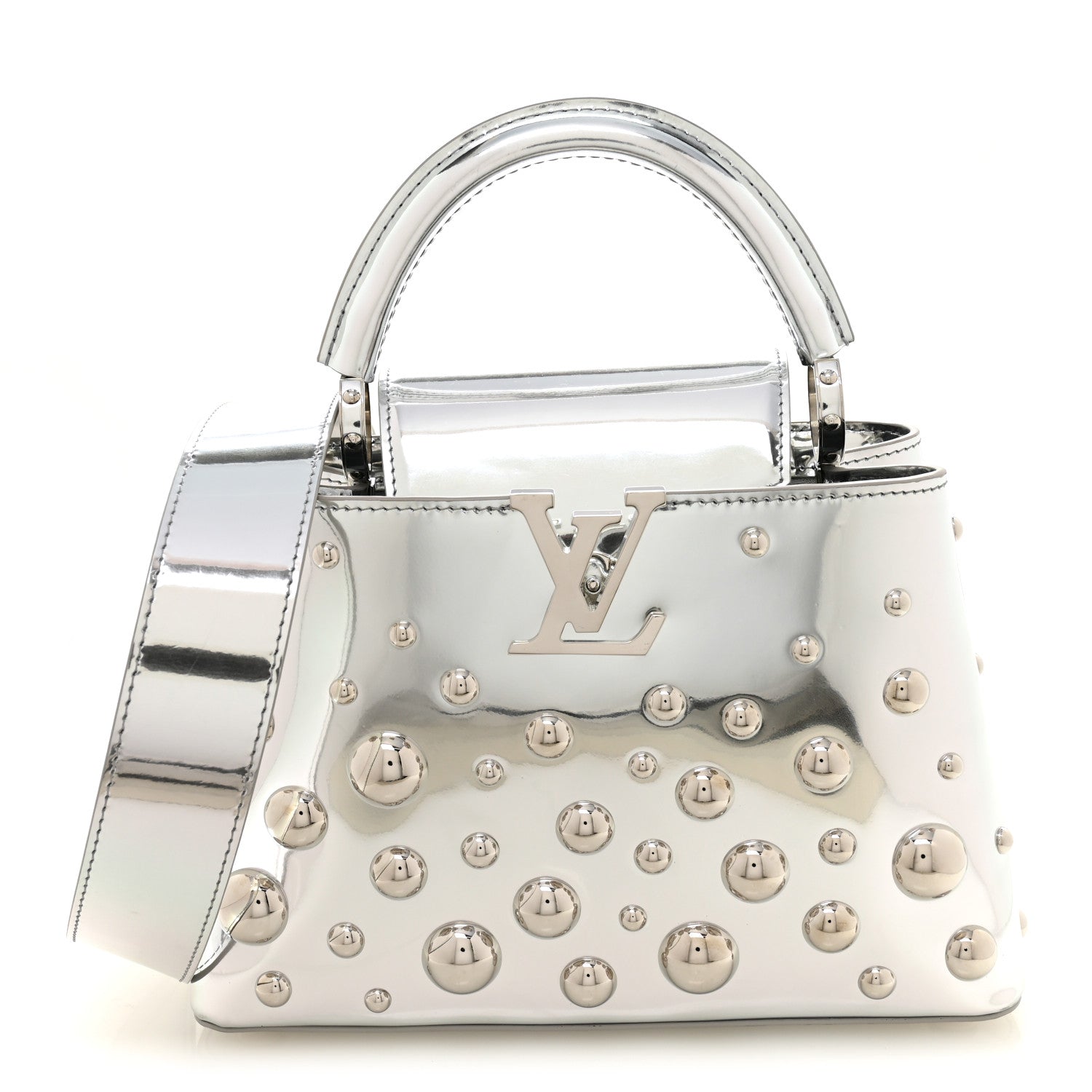 LV X YK Metallic Taurillon Brass Metal Dots Capucines BB Silver