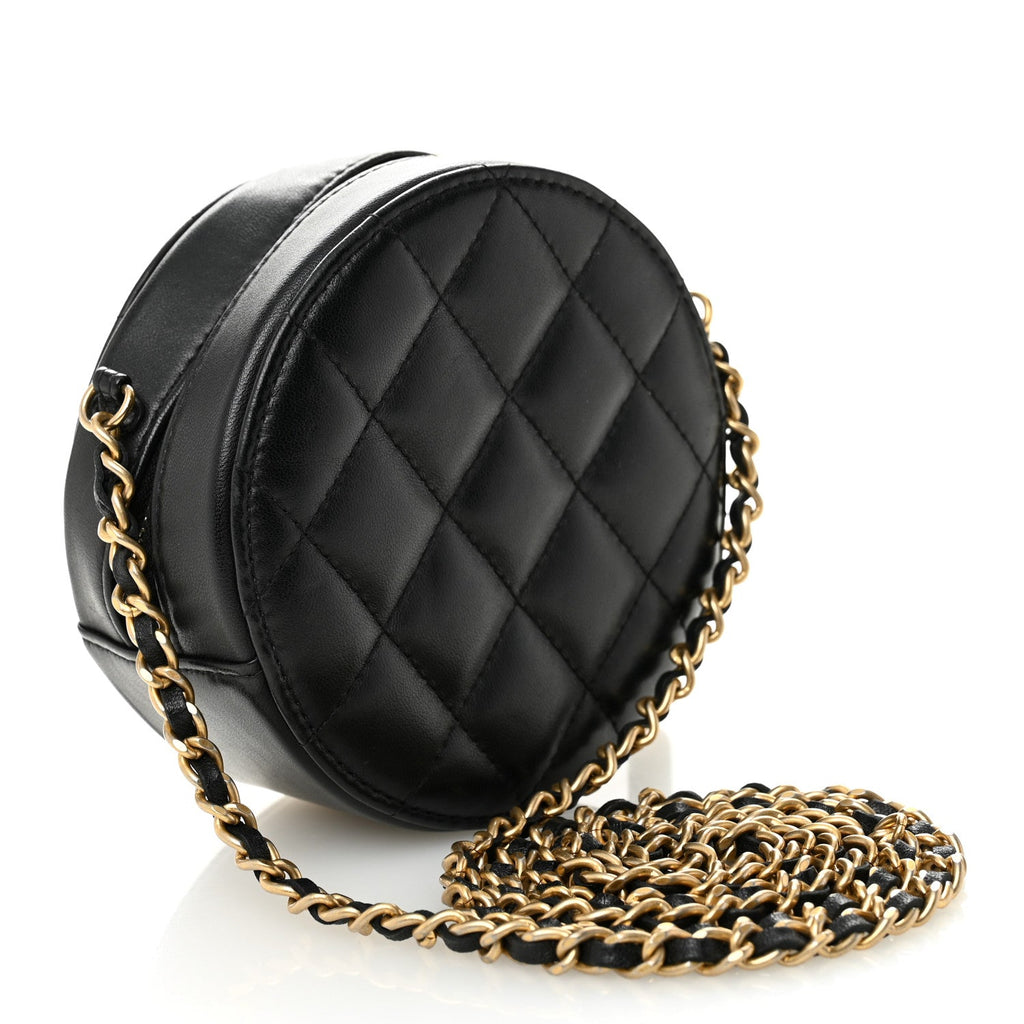 Lambskin Quilted Round Clutch With Chain Black