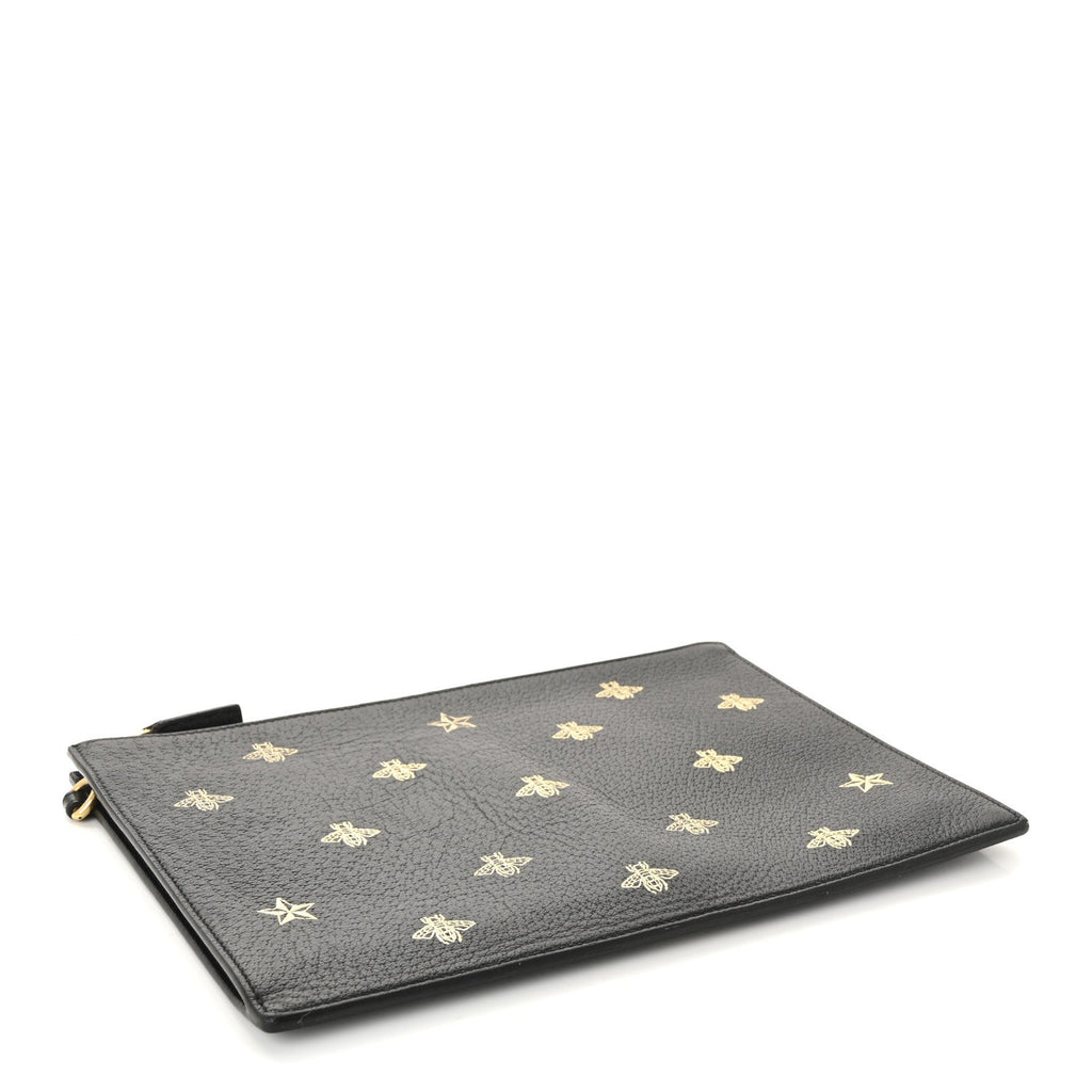 Dollar Calfskin Boar Effect Bee Star Zip Wristlet Pouch Black