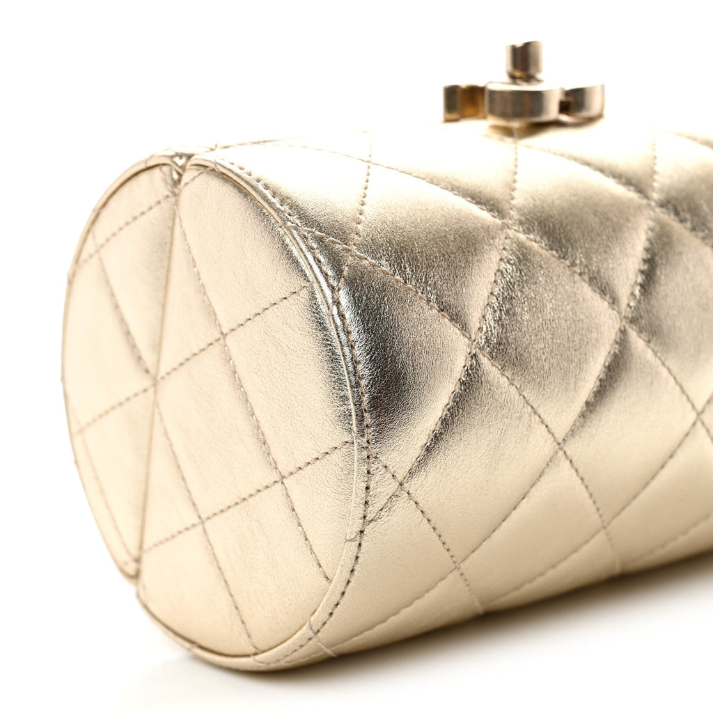 Metallic Lambskin Quilted Barrel Crossbody Bag Gold