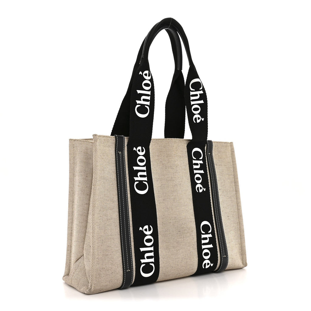 Linen Calfskin Medium Woody Ribbon Tote Black Blue
