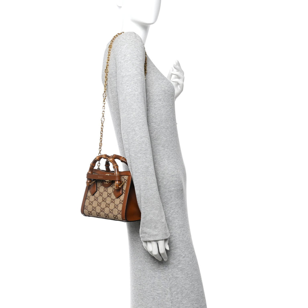 New Canvas Charisma Calfskin Crystal GG Monogram Mini Diana Tote Bag Camel Ebony