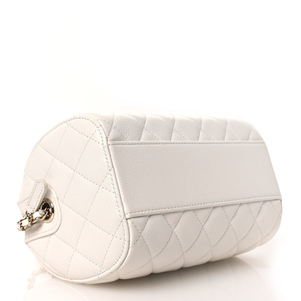 Caviar Quilted Barrel Clutch With Chain White