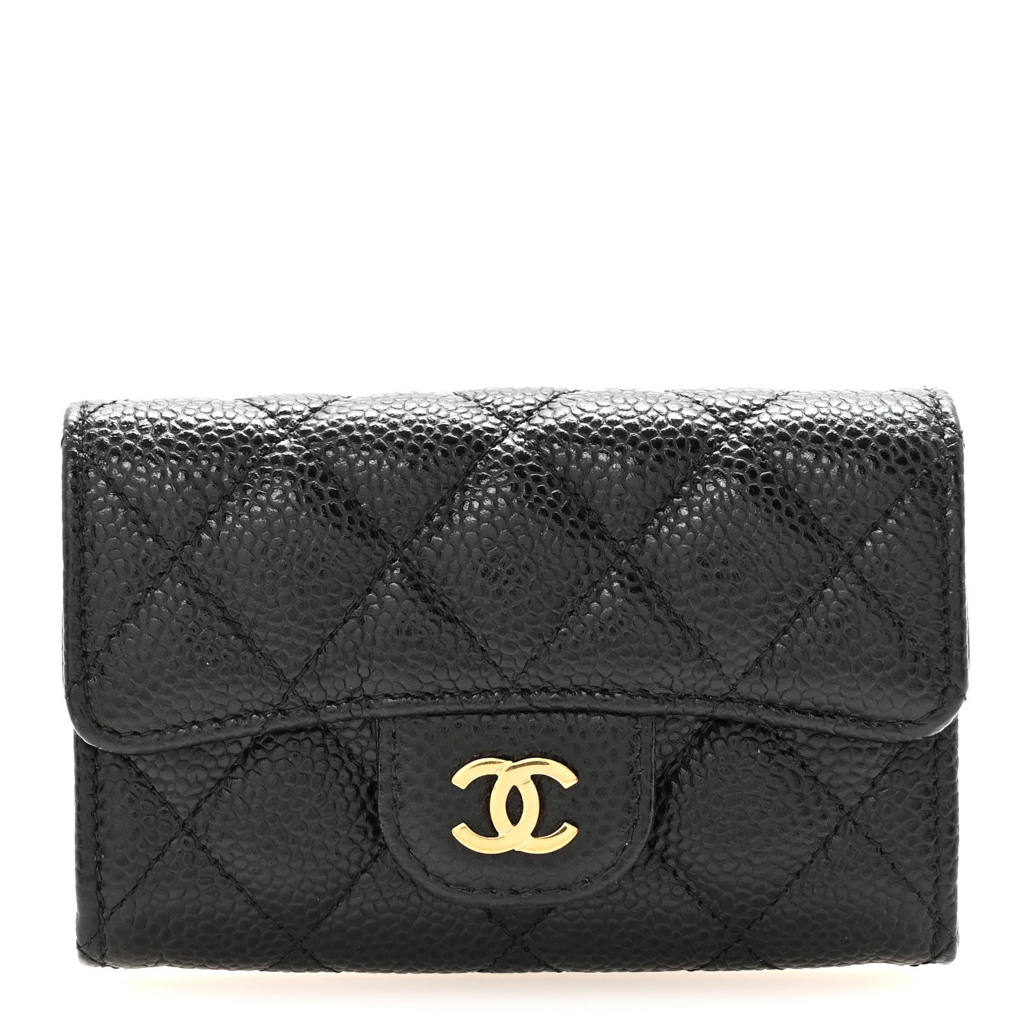 Caviar Quilted Flap  Holder Wallet Black