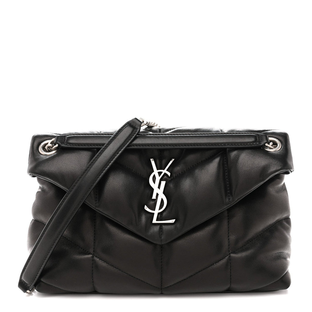 Lambskin Quilted Small Loulou Puffer Monogram Chain Satchel Black