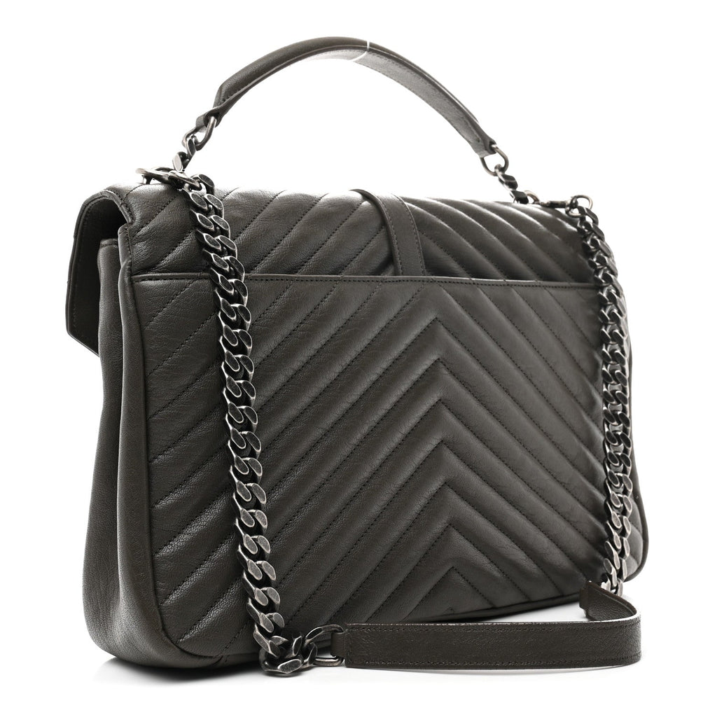 Sheepskin Matelasse Chevron Monogram Large College Satchel Dark Anthracite