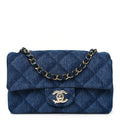 Printed Denim Quilted Mini Rectangular Flap Dark Blue