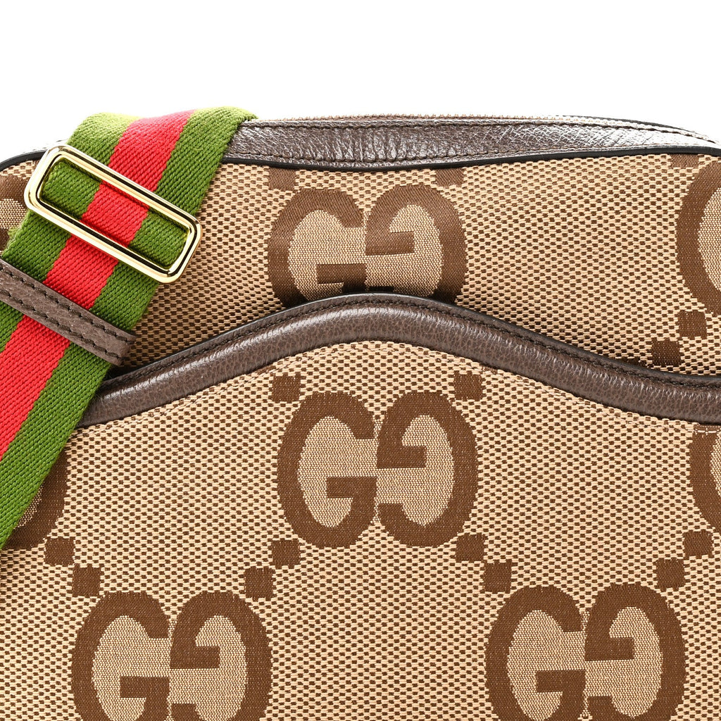 Monogram Jumbo GG Textured Dollar Calfskin Web Messenger Shoulder Bag Camel Ebony New Acero