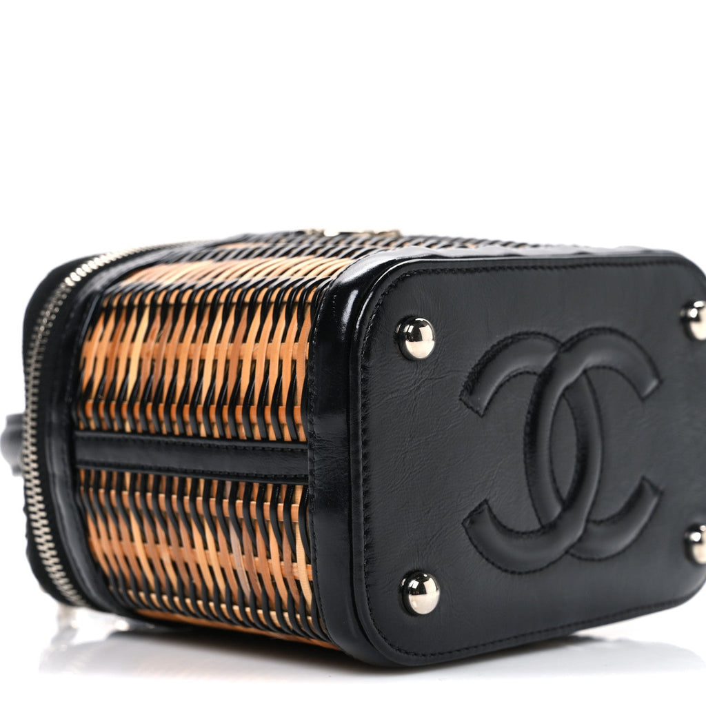 Calfskin Raffia Small Vanity Case Bag Black Beige