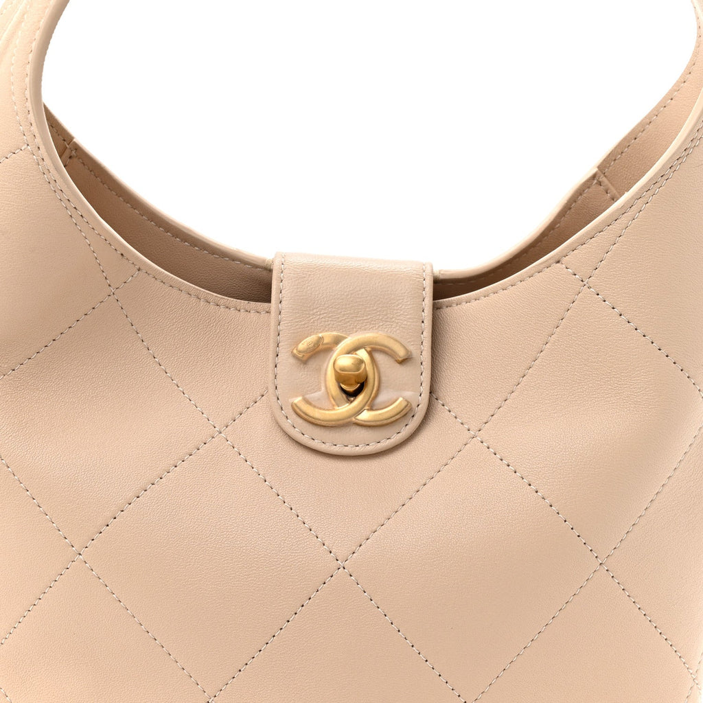 Shiny Lambskin Quilted Small Hobo Beige