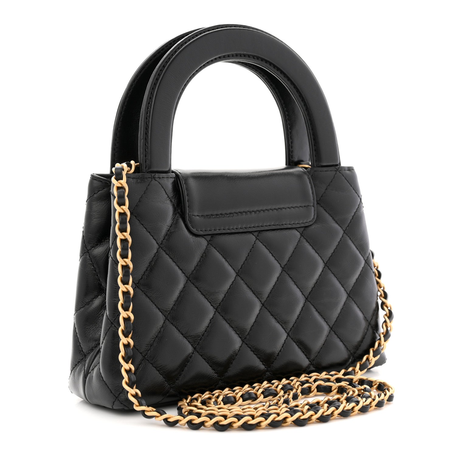 Shiny Aged Calfskin Quilted Nano Kelly Shopper Black