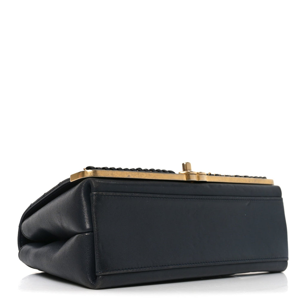 Sheepskin Chevron Stitched Chain Top Handle Flap Blue