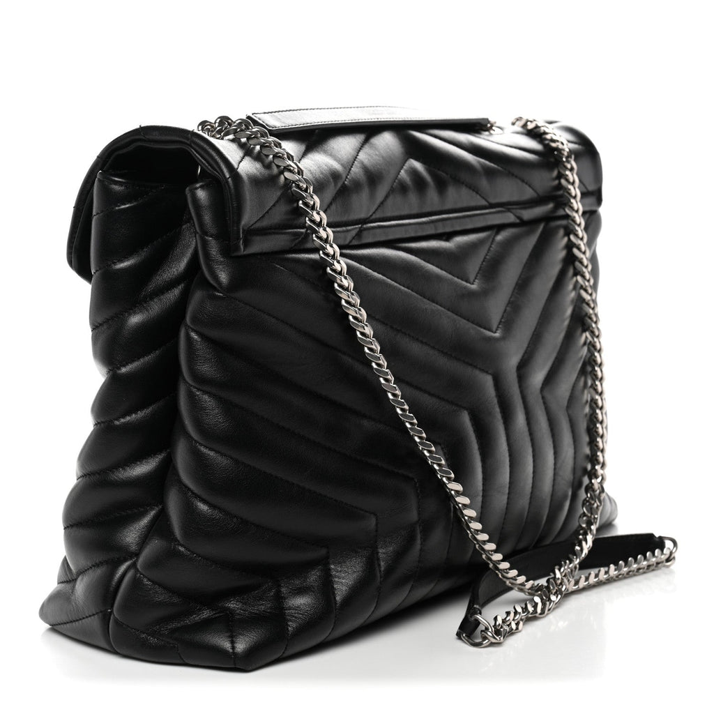 Calfskin Y Quilted Monogram Large Loulou Chain Satchel Black