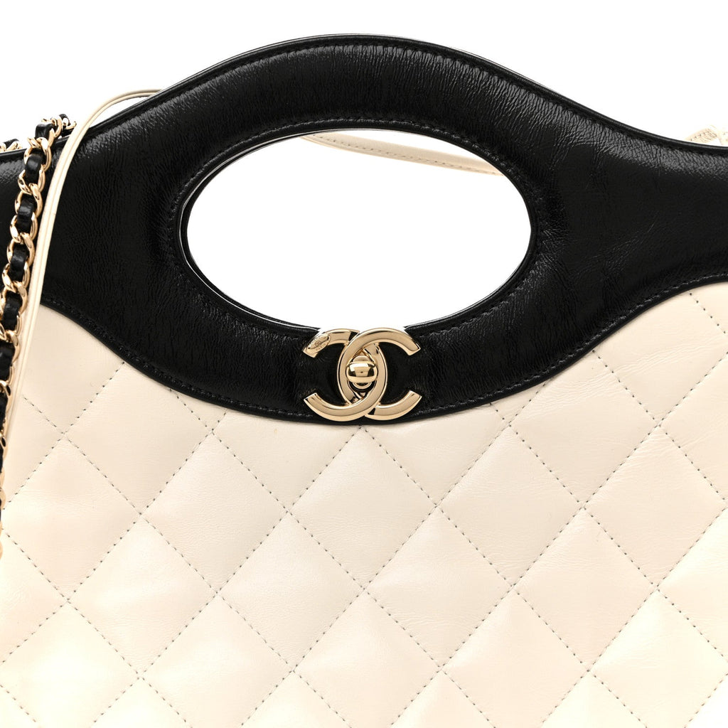 Patent Calfskin Quilted Mini 31 Shopping Bag White Black