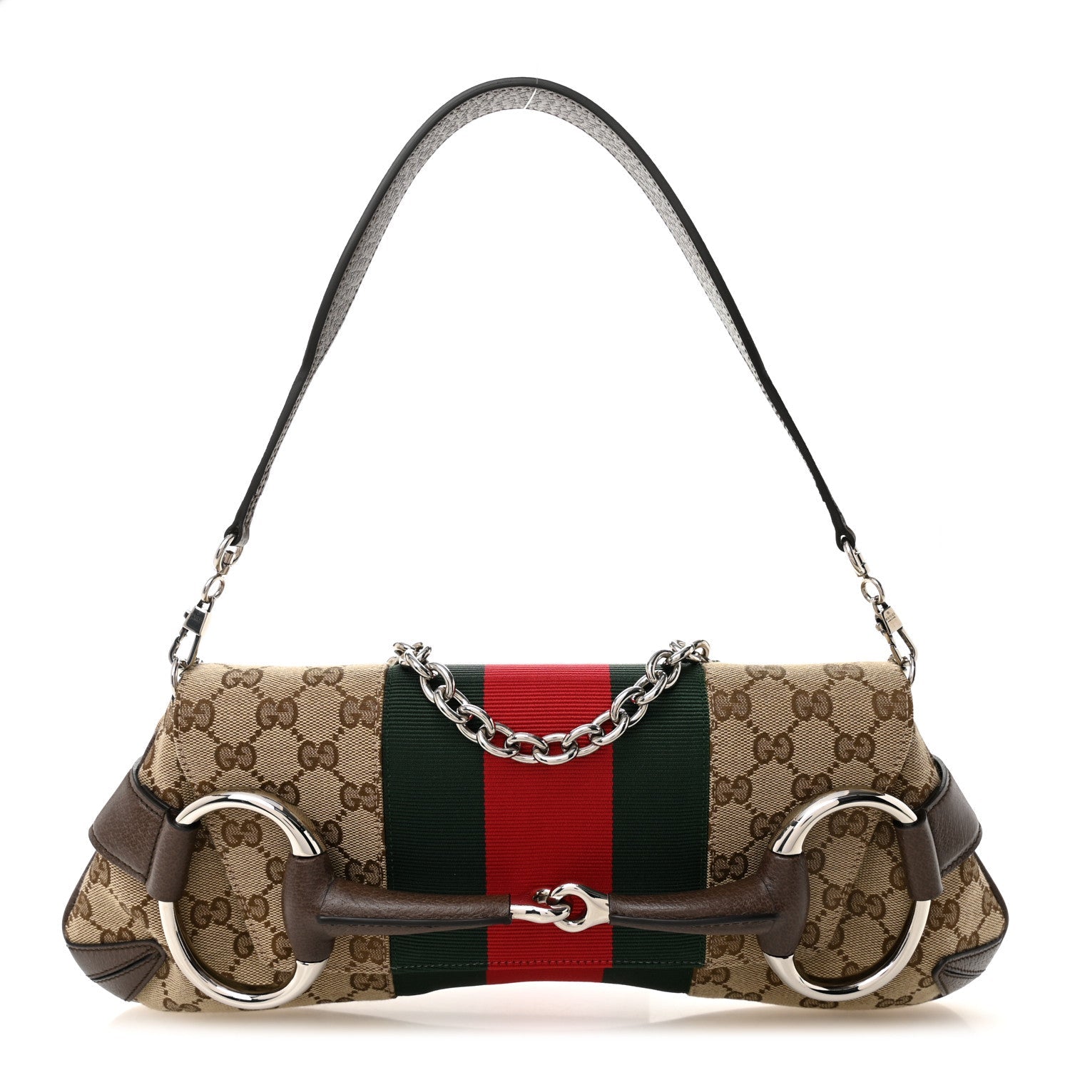 Monogram Textured Dollar Calfskin Heavy Grosgrain Web Medium Maxi Horsebit Chain Shoulder Bag Beige Ebony New Acero