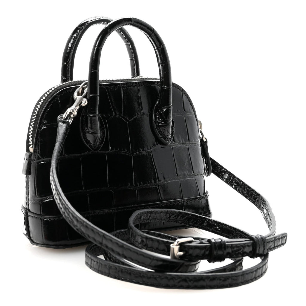 Shiny Calfskin Logo Crocodile Embossed Mini Ville Top Handle Bag Black
