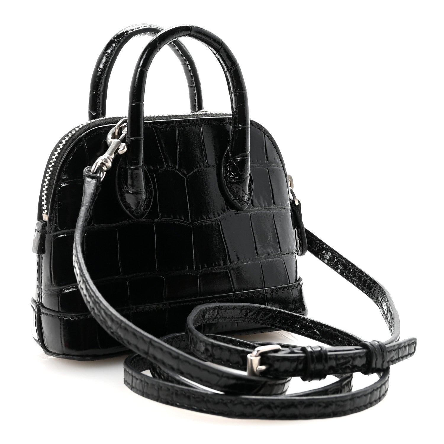 Shiny Calfskin Logo Crocodile Embossed Mini Ville Top Handle Bag Black