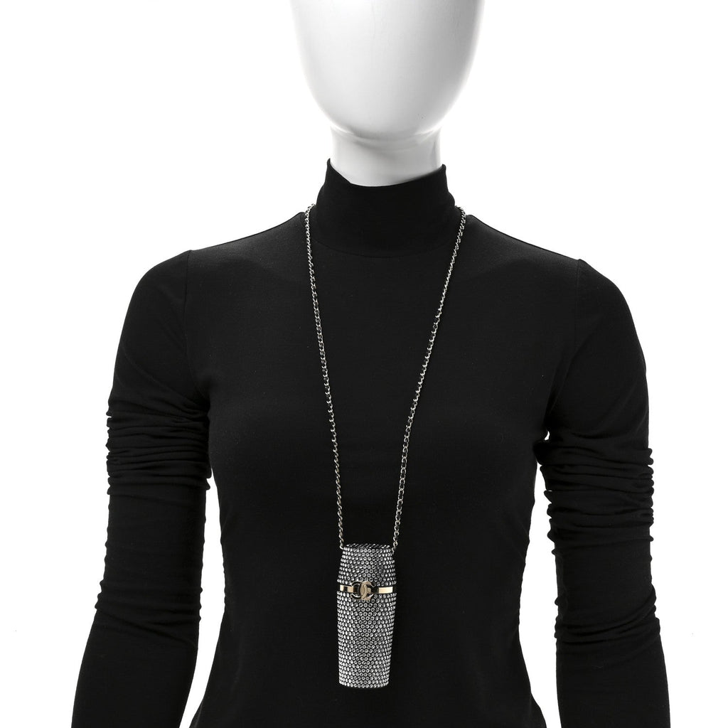 Metal Resin Lambskin Crystal Lipstick Case Long Necklace On Chain Silver Black Gold