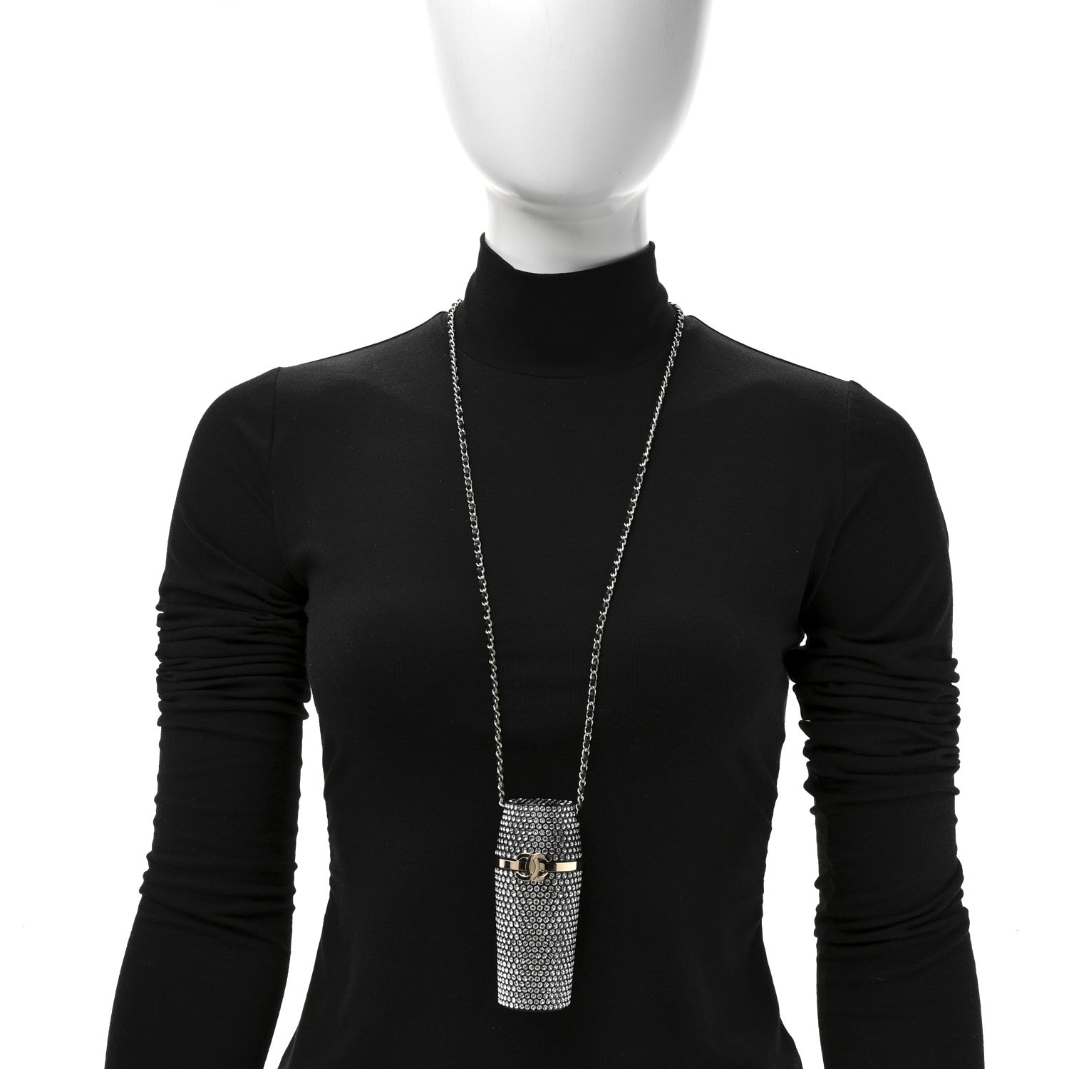 Metal Resin Lambskin Crystal Lipstick Case Long Necklace On Chain Silver Black Gold