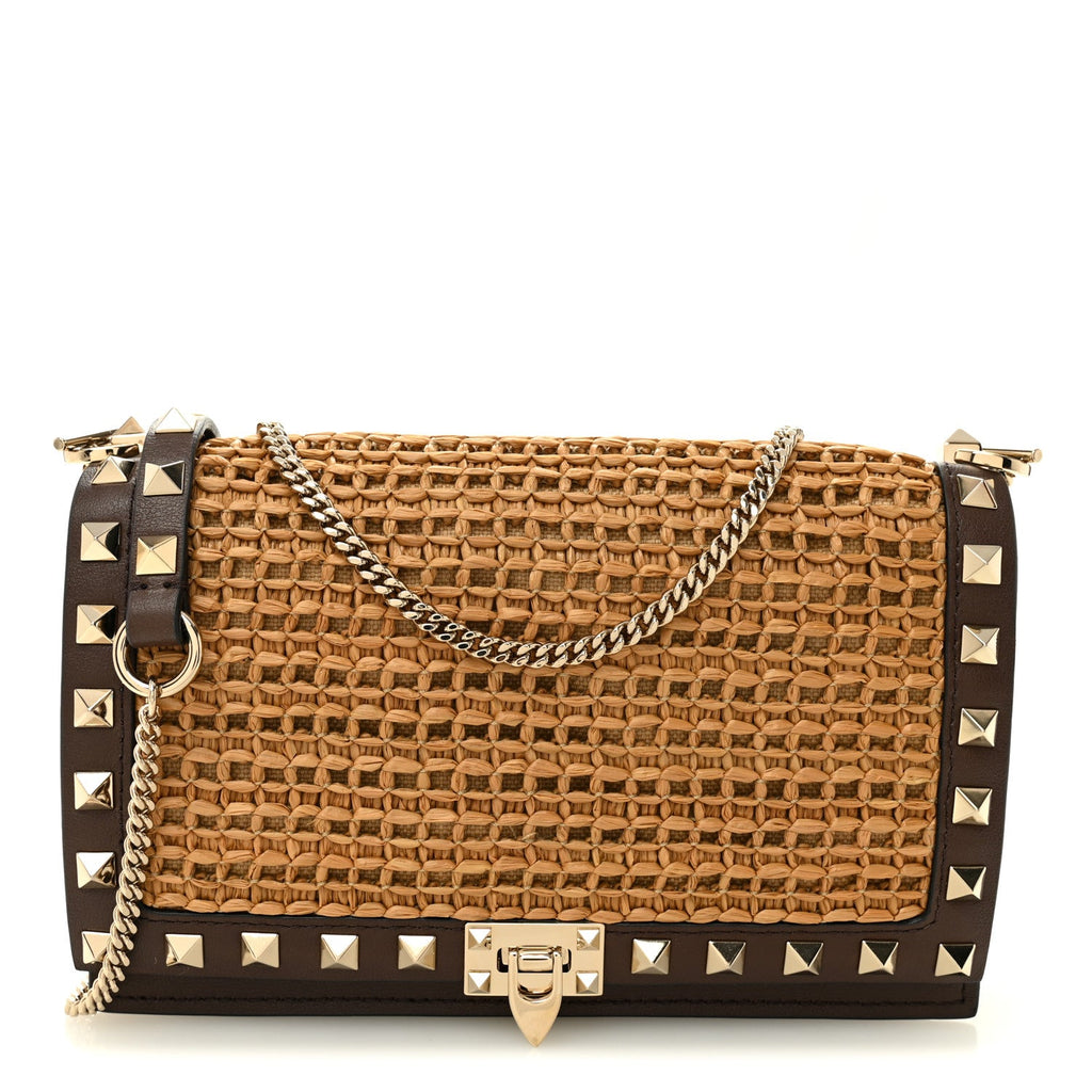 Raffia Calfskin Rockstud Wallet On Chain Pouch Natural Brown