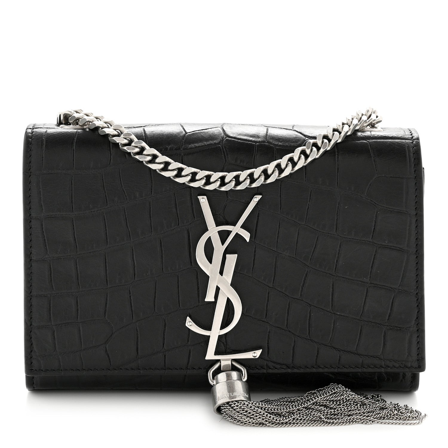 Calfskin Crocodile Embossed Small Classic Monogram Kate Tassel Satchel Black