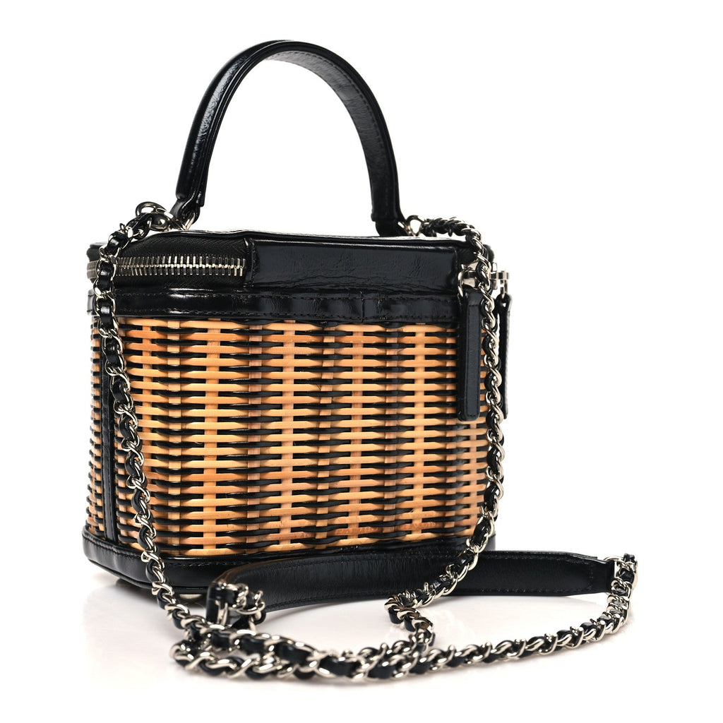 Calfskin Raffia Small Vanity Case Bag Black Beige