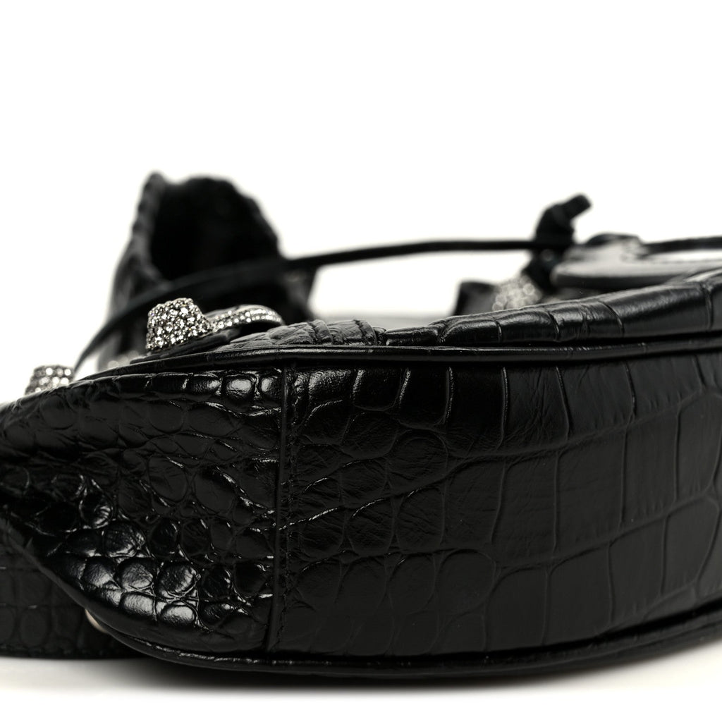Extra Supple Calfskin Crystal Crocodile Embossed Le Cagole Shoulder Bag XS Black