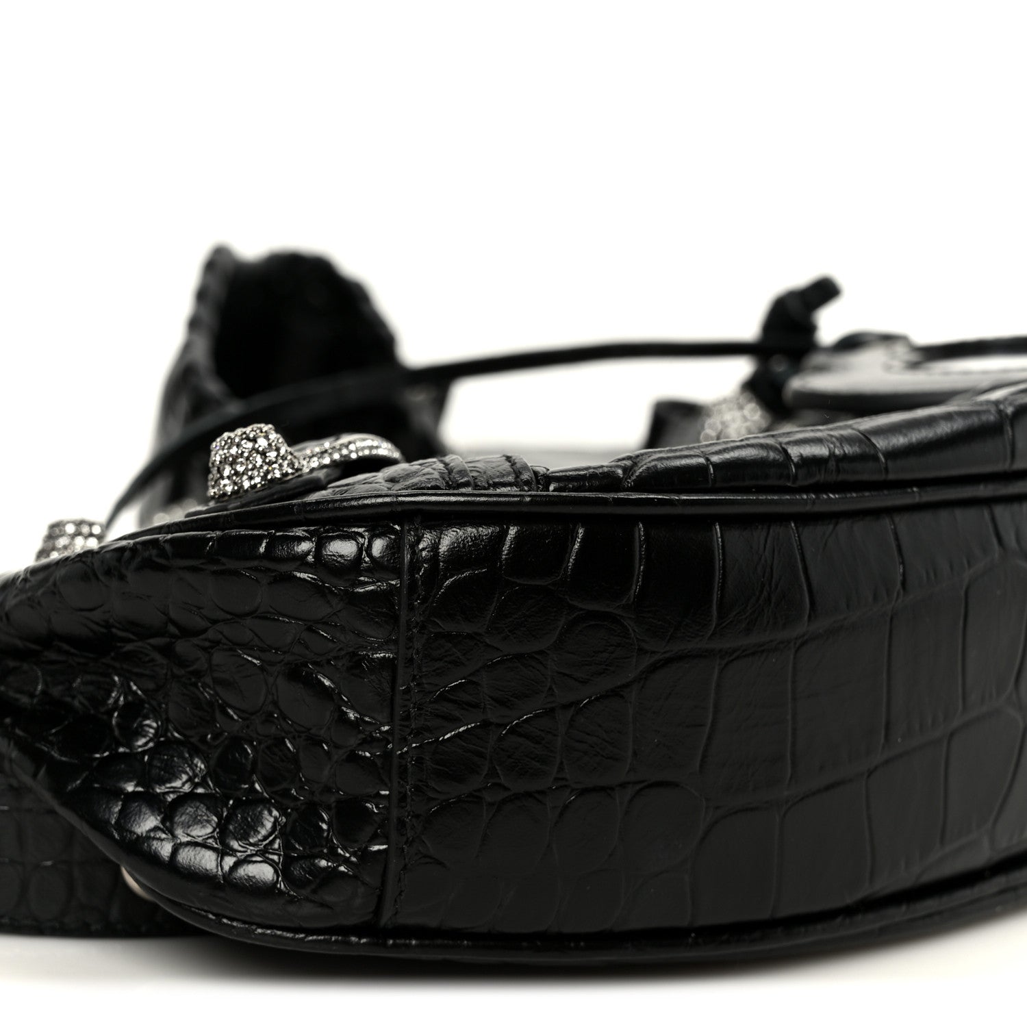 Extra Supple Calfskin Crystal Crocodile Embossed Le Cagole Shoulder Bag XS Black