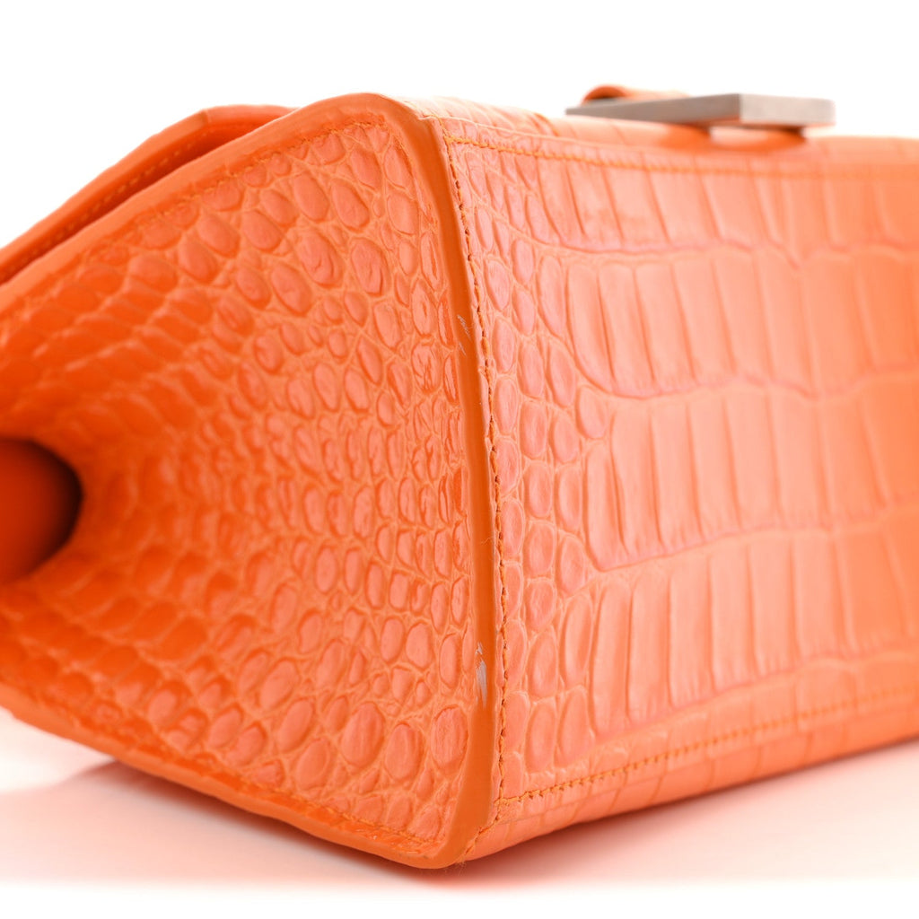 Shiny Calfskin Crocodile Embossed Small Hourglass Top Handle Bag Pop Orange