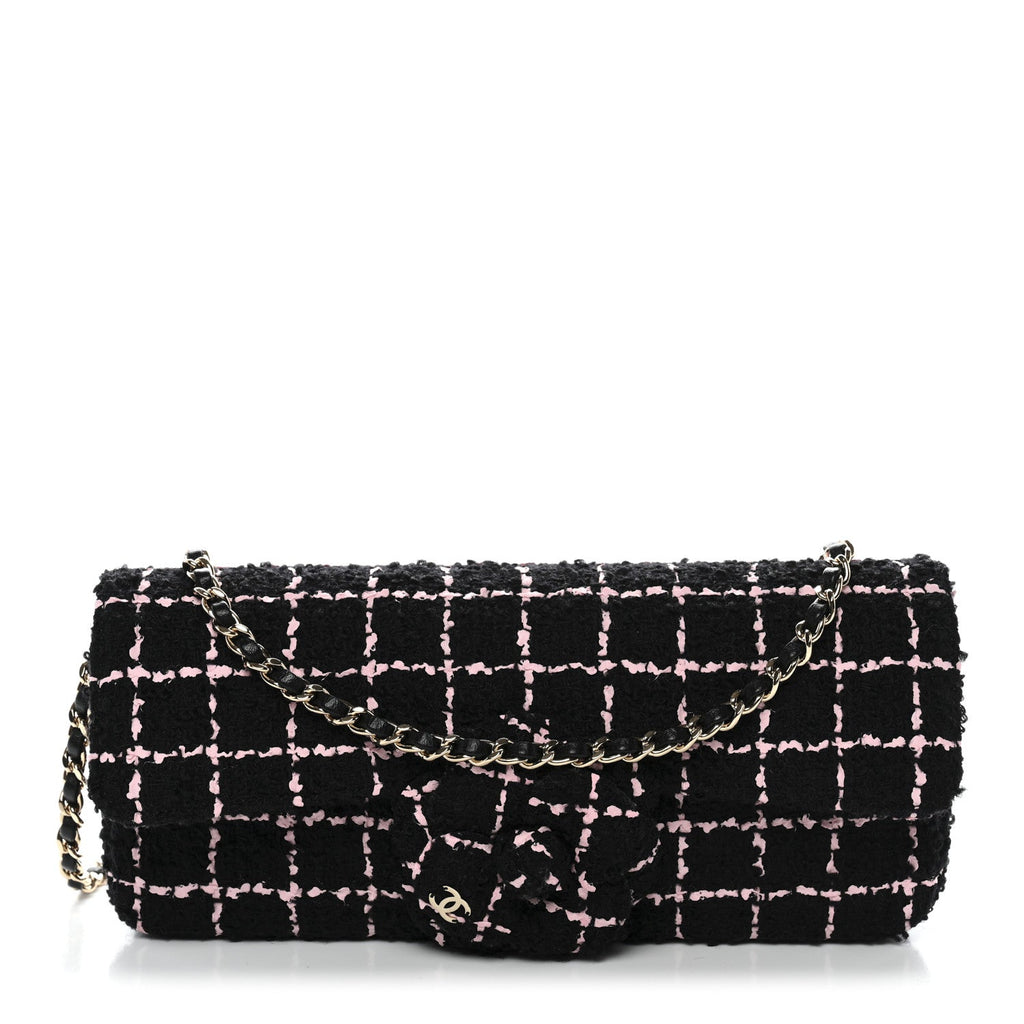 Tweed Quilted East West Camellia Clutch Black Pink