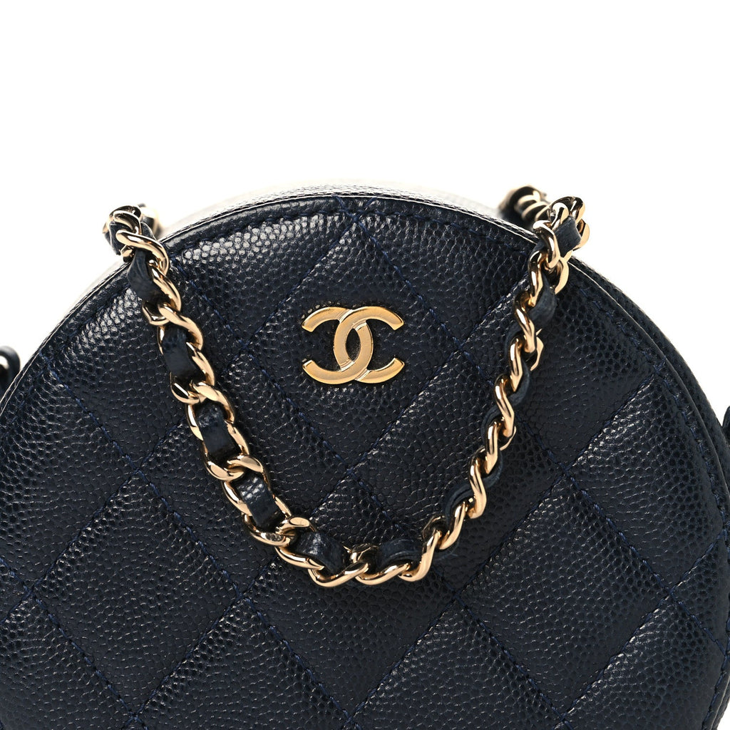 Caviar Quilted Round Clutch With Chain Navy