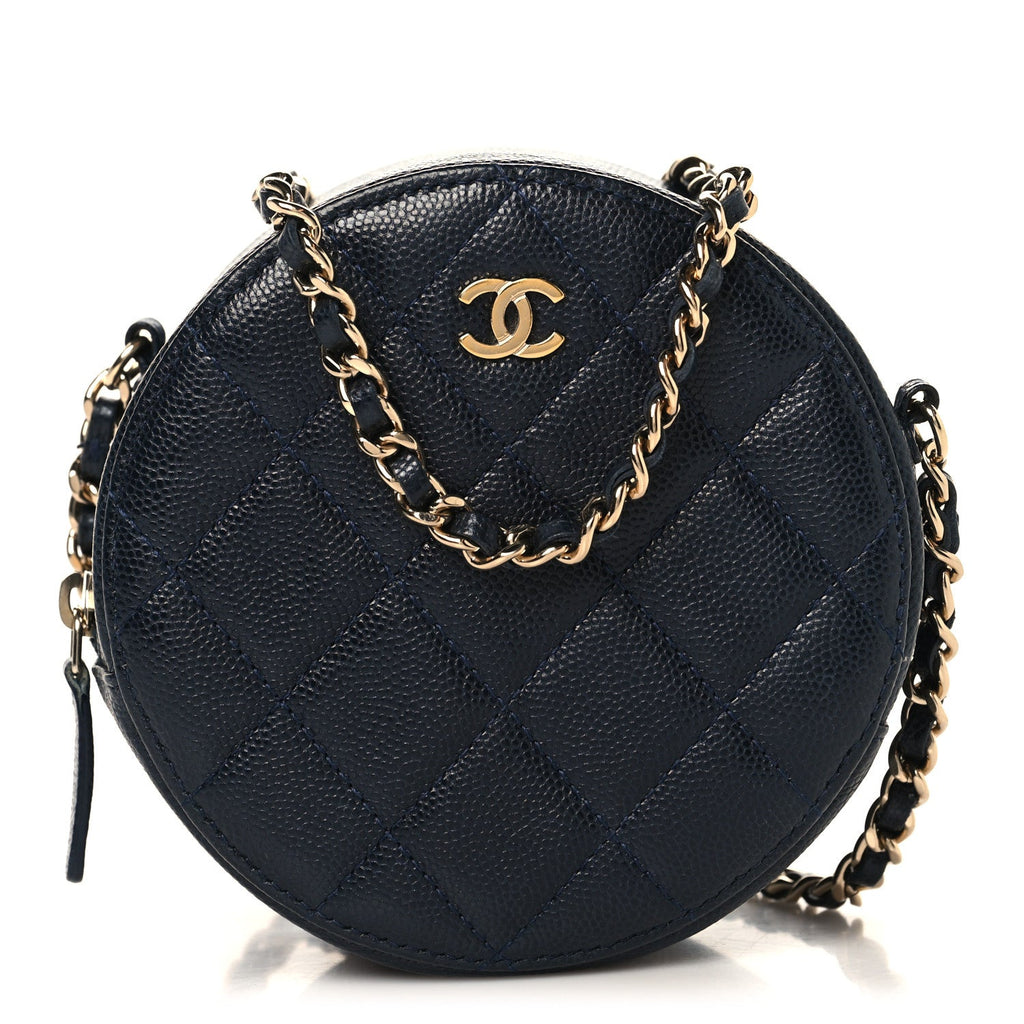 Caviar Quilted Round Clutch With Chain Navy