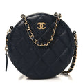 Caviar Quilted Round Clutch With Chain Navy