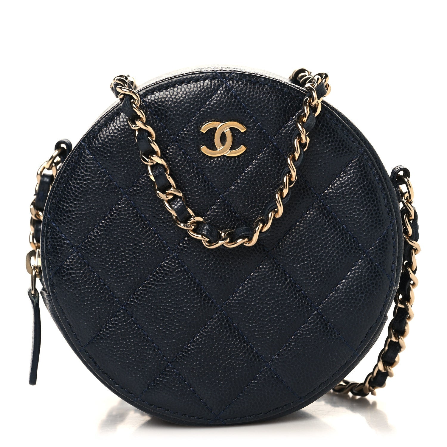 Caviar Quilted Round Clutch With Chain Navy