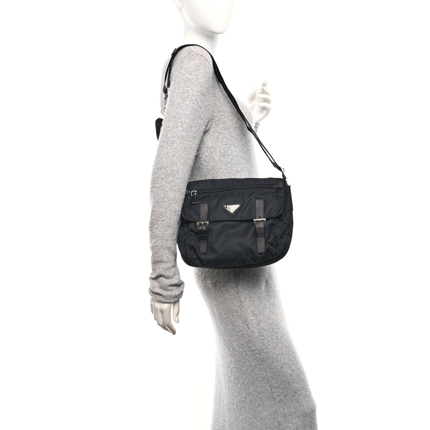 Re-Nylon Vela Saffiano Pocket Double Buckle Messenger Shoulder Bag Black