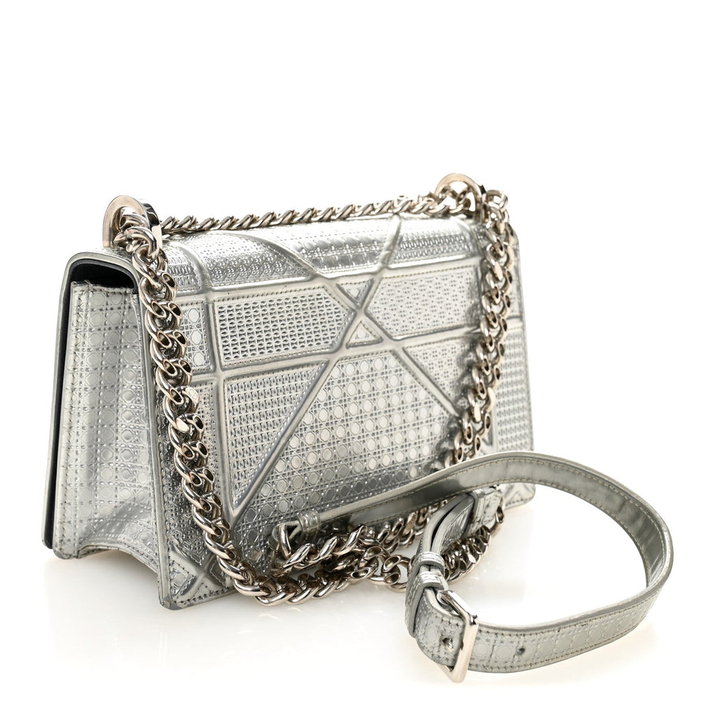 Metallic Patent Micro-Cannage Small Diorama Flap Bag Silver