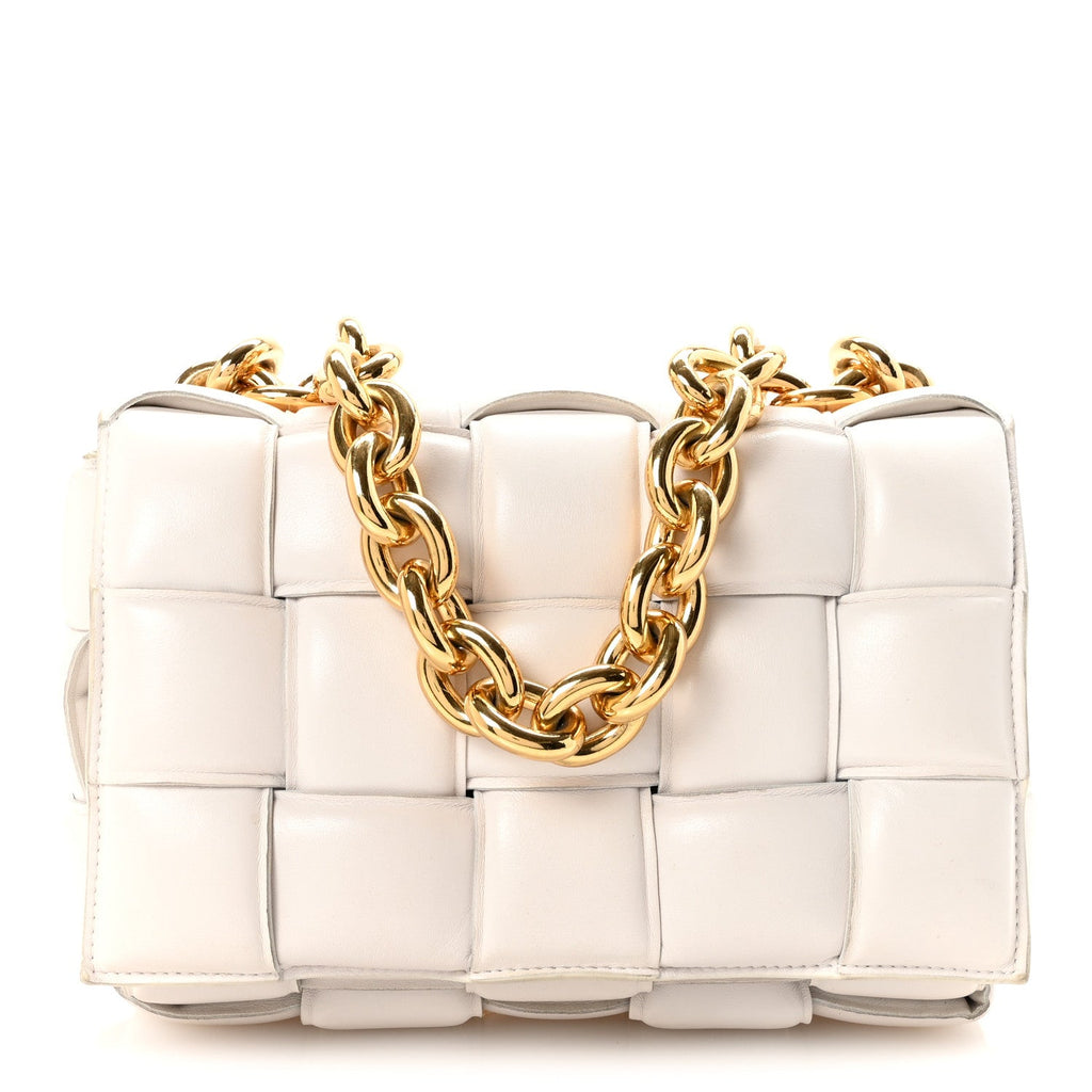 Lambskin Maxi Intreccio Padded Chain Cassette Crossbody Bag White