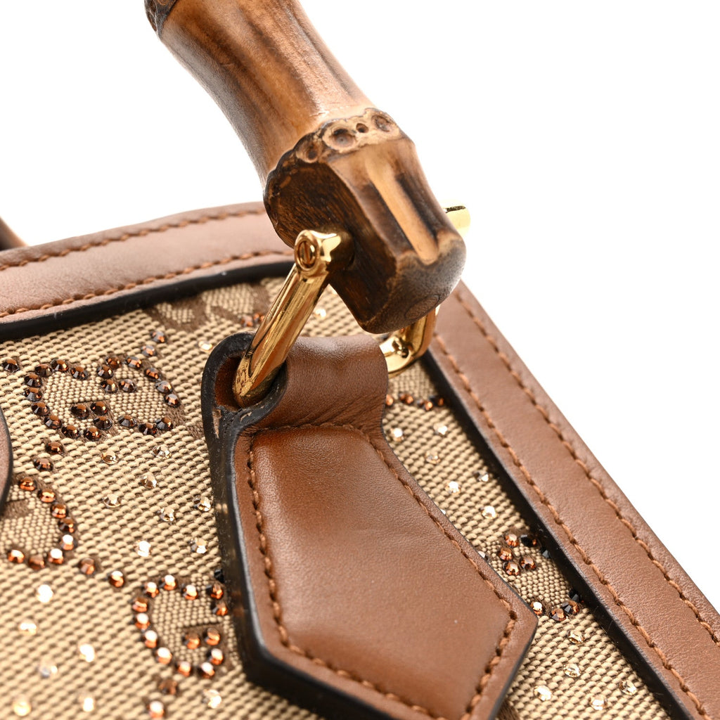 New Canvas Charisma Calfskin Crystal GG Monogram Mini Diana Tote Bag Camel Ebony