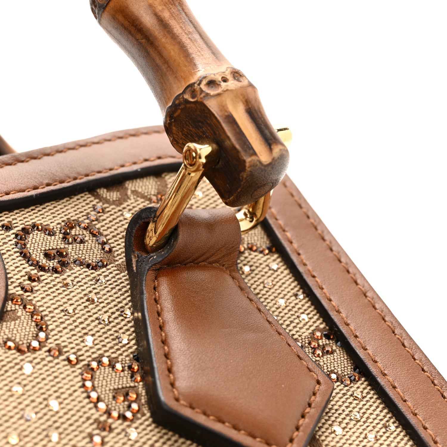 New Canvas Charisma Calfskin Crystal GG Monogram Mini Diana Tote Bag Camel Ebony