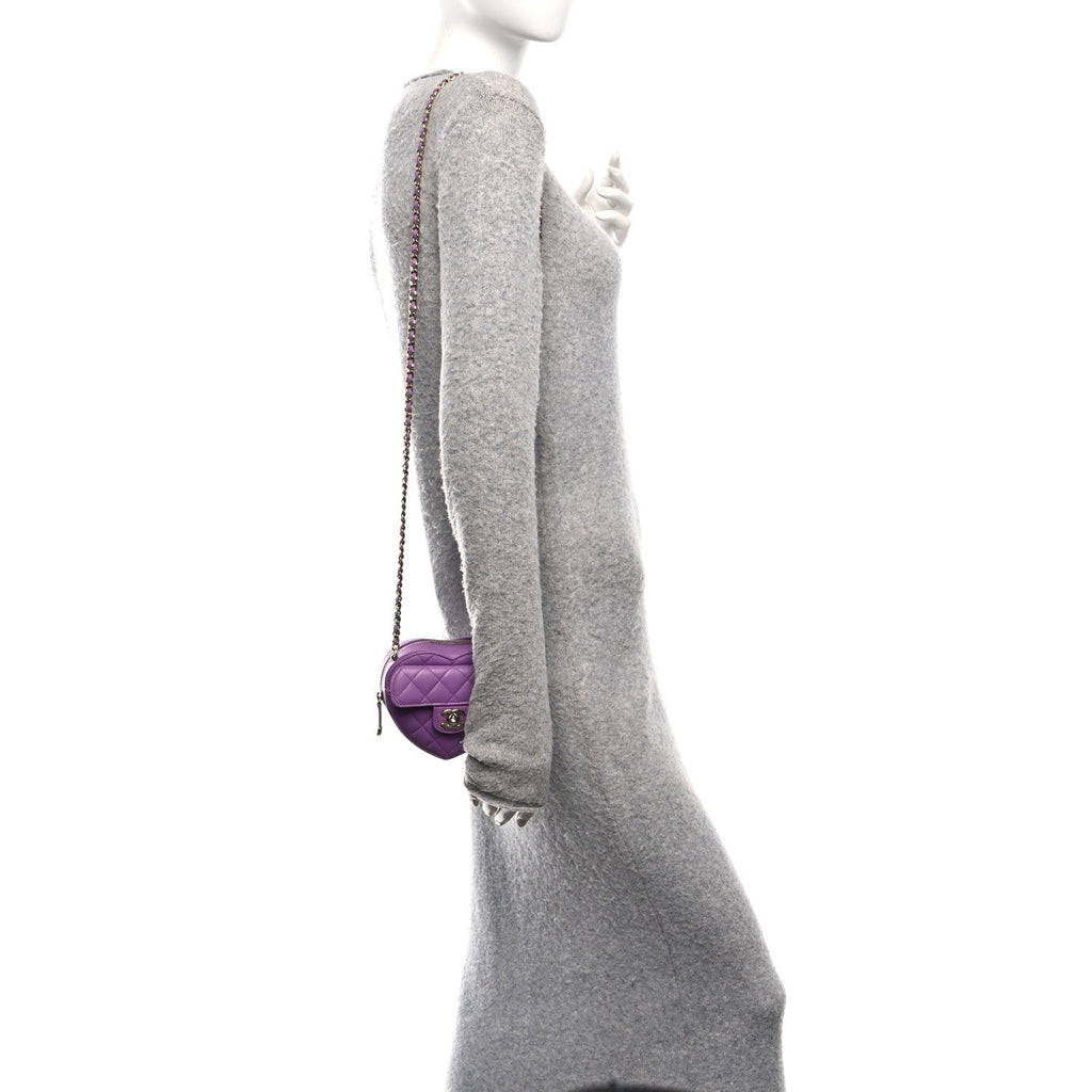 Lambskin Quilted CC In Love Heart Clutch With Chain Purple