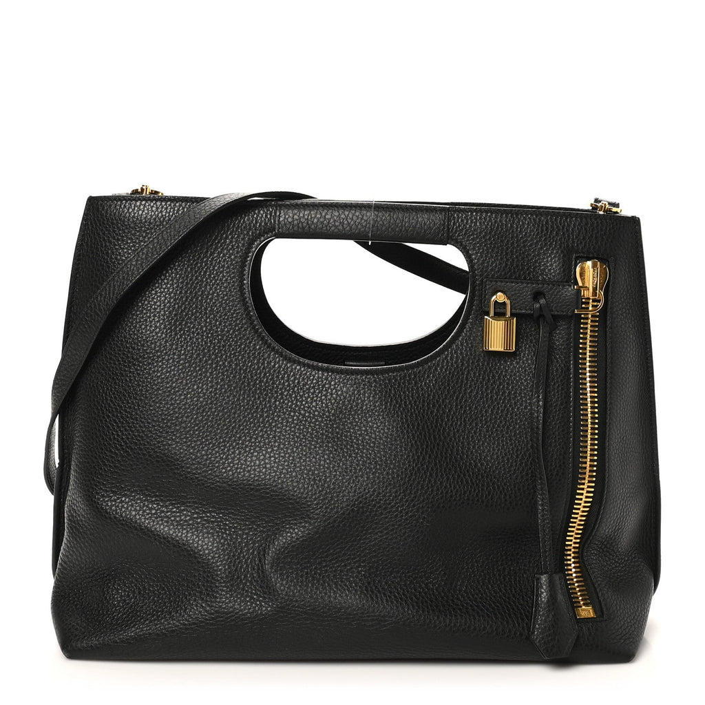 Pebbled Calfskin Alix Padlock Foldover Bag Black