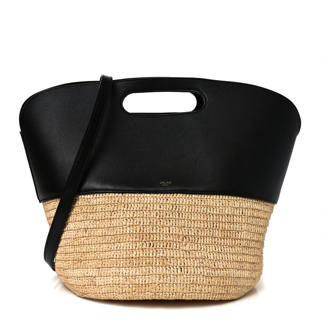 Raffia Calfskin Basket Bag Natural Black