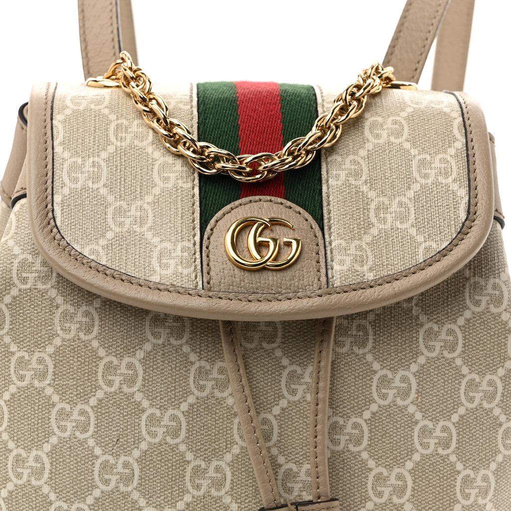 GG Supreme Monogram Textured Dollar Calfskin Web Mini Chain Drawstring Backpack Beige Mystic White Oatmeal