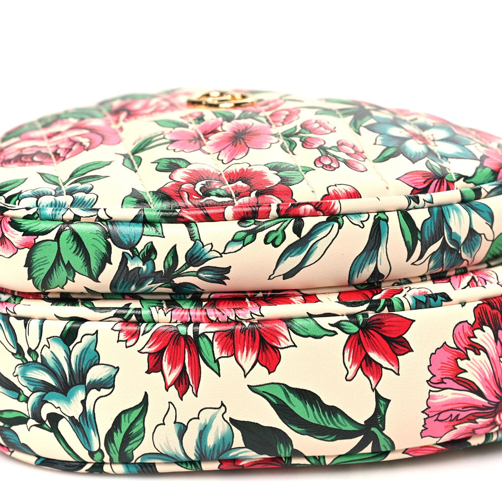 Calfskin Matelasse Diagonal Brit Roses Print Mini Interlocking G Heart Shoulder Bag  White Multicolor