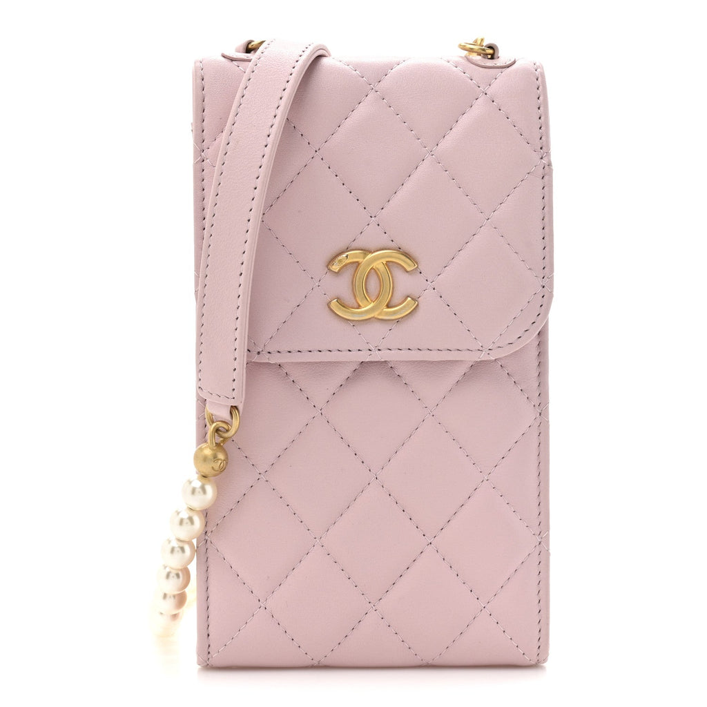 Lambskin Quilted Pearl Phone Holder With Chain Pink
