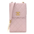 Lambskin Quilted Pearl Phone Holder With Chain Pink