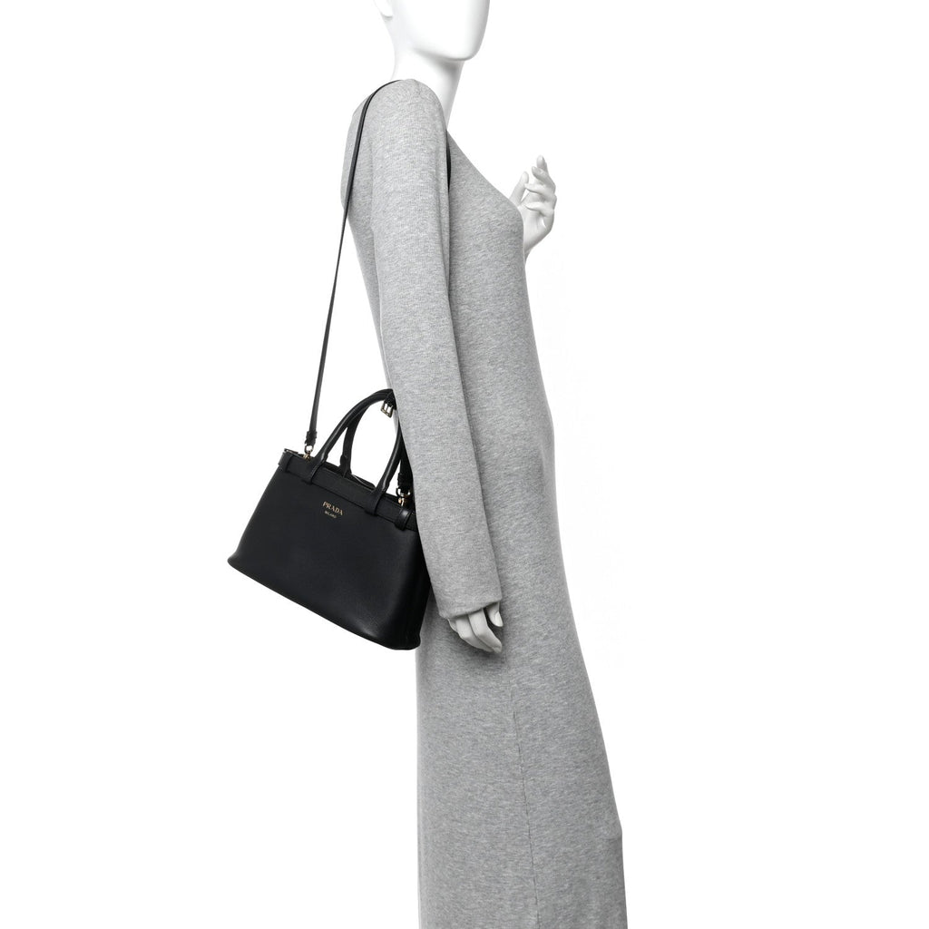 Soft Grain Calfskin Small Double Belt Tote Black