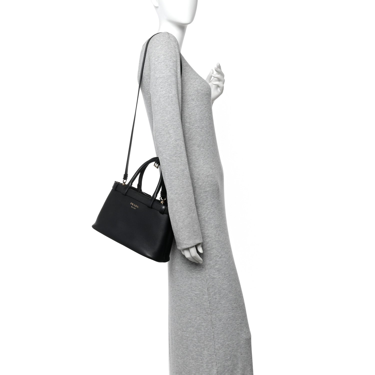 Soft Grain Calfskin Small Double Belt Tote Black