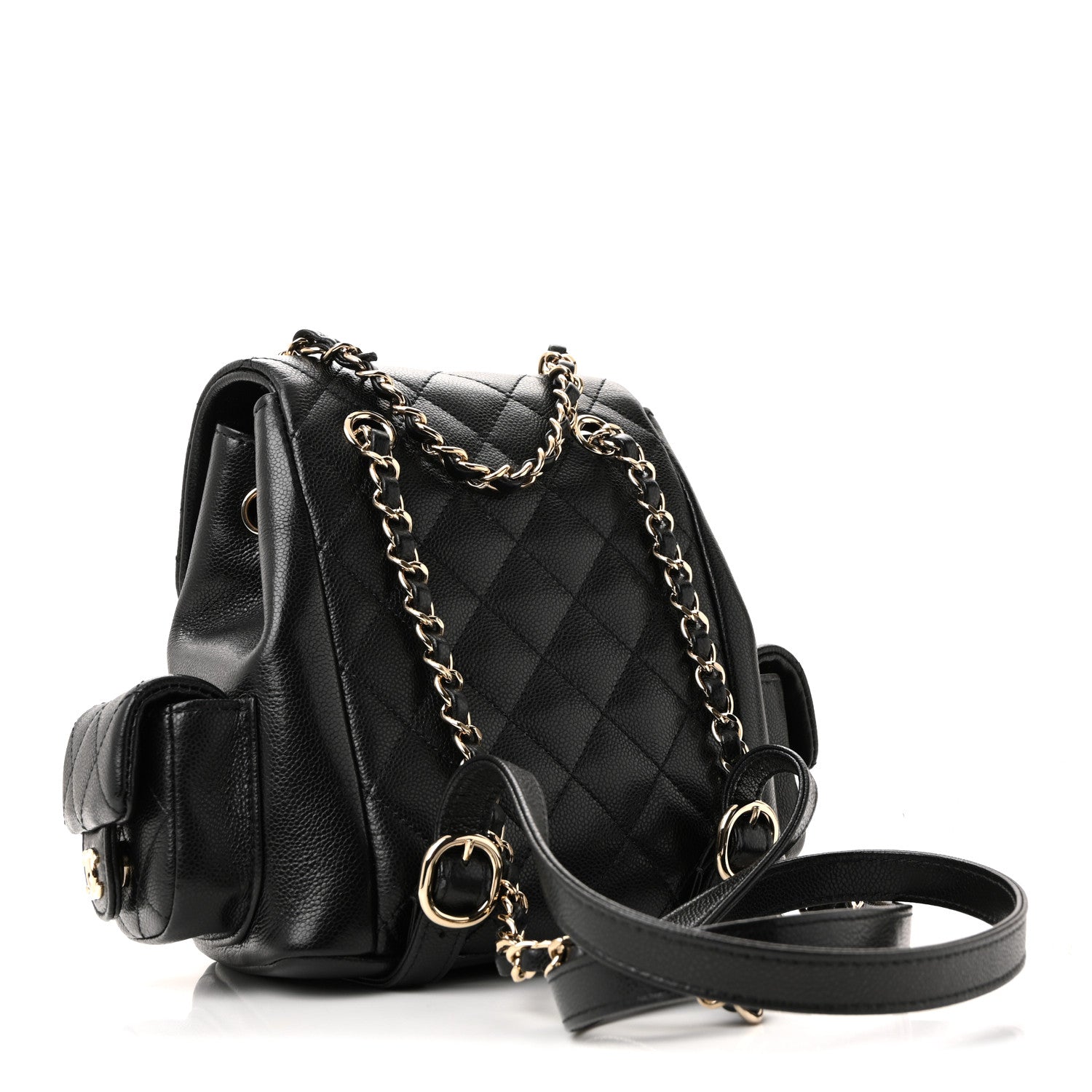 Shiny Caviar Quilted Small Duma Pockets Drawstring Backpack Black